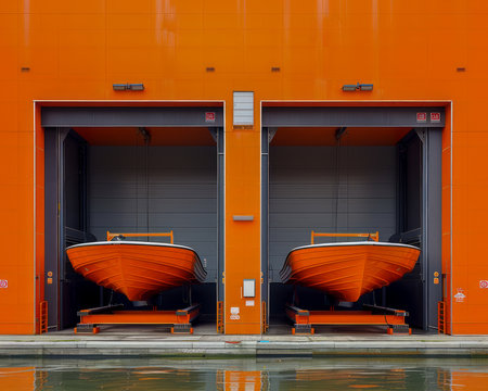 Orange boats docked in double space inside a bright orange facility, viewed front on with reflective water surface and minimalist industrial design showcasing modern marine equipment and vibrant colors AI Generativeの素材