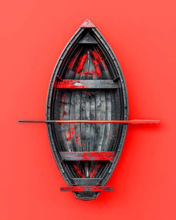 Vintage Black Rowboat with Red Accents on Vibrant Orange Background Dynamic and Bold Nautical Wall Art, Minimalist Boat Design Poster, Modern Maritime Aesthetic DÃ©cor AI Generativeの素材