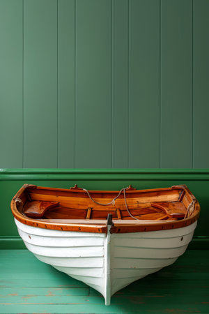 Rustic Wooden Rowboat in Front of Green Planked Wall in Vintage Style Interior Design Setting for Nautical and Maritime Decor Themes AI Generativeの素材
