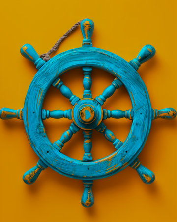 Vibrant Blue Wooden Ship Wheel on Bright Yellow Background for Nautical and Maritime Theme Decor and Design Inspiration AI Generativeの素材