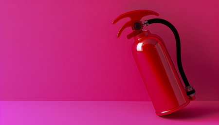 Bright red fire extinguisher against a vibrant pink background showcasing safety equipment in modern minimalist style, emphasizing fire prevention tools, emergency preparedness, and sleek design aesthetics for home or office AI Generativeの素材