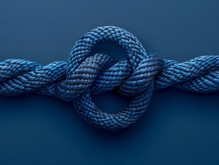Close Up of Blue Rope Tied in a Knot Against a Dark Background, Symbolizing Strength, Unity, and Connection in Outdoor, Nautical, and Adventure Themes for Use in Inspirational and Motivational Contexts AI Generativeの素材