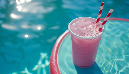Refreshing Pink Smoothie In Clear Cup By Poolside With Red And White Striped Straws On A Sunny Day AI Generativeの素材