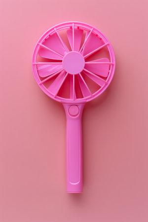 Compact Pink Handheld Fan on Pink Background Portable, Stylish, Battery Operated Cooling Device for Summer AI Generativeの素材