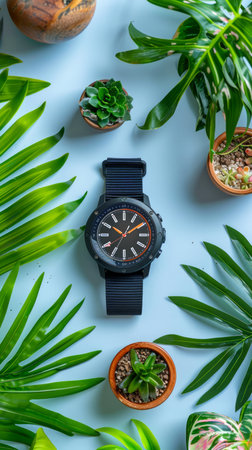 Stylish Black Wristwatch Surrounded by Greenery and Succulents on Light Blue Background Perfect Blend of Fashion and Nature AI Generativeの素材