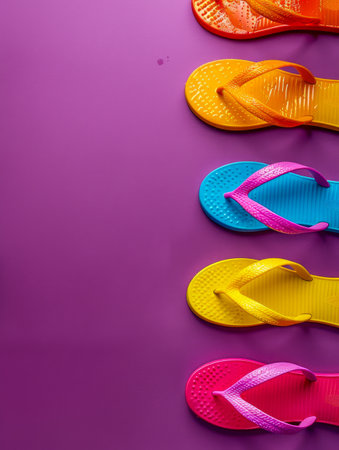 Bright and Colorful Summer Flip Flops on Vibrant Purple Background Perfect for Beach Adventures, Casual Outings, and Summer Fun AI Generativeの素材