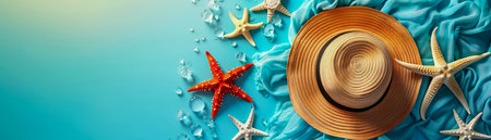 Colorful Starfish and Sun Hat on Turquoise Beach Towel with Water Droplets Summer Beach Essentials, Coastal Vacation Vibes, Seaside Relaxation, Nautical Decor Inspiration AI Generativeの素材