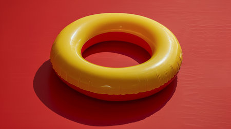 Bright Yellow Inflatable Pool Ring Floating on Red Surface, Summer Vacation Fun, Beach Accessory, Fun Pool Float, Colorful Swim Ring for Relaxing, Water Toy, Outdoor Recreation, Kids and Adults AI Generativeの素材
