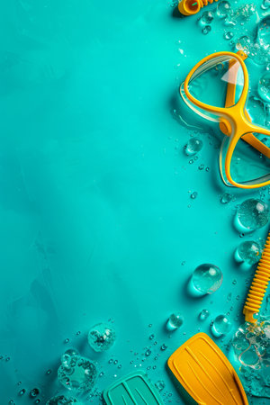 Bright Yellow Swim Gear Against a Vivid Blue Background with Water Droplets, Featuring Goggles, Fins, and a Snorkel for Scuba Diving and Swimming Activities AI Generativeの素材