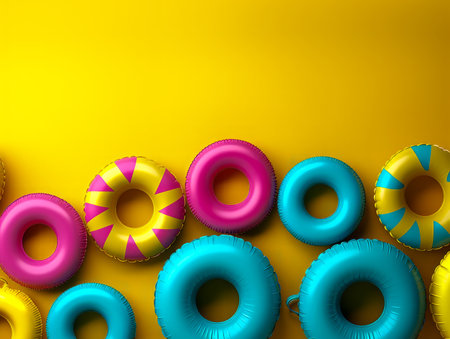 Vibrant Summer Pool Party with Colorful Inflatable Rings Bright Yellow, Blue, and Pink Background AI Generativeの素材