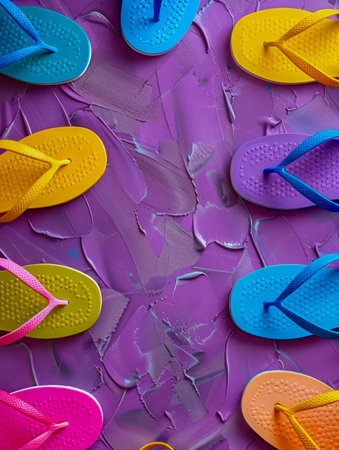 Colorful Summer Flip Flops on Textured Purple Background Vibrant Footwear Art for Beach Lovers AI Generativeの素材