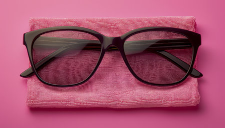 Stylish Black Glasses with Soft Pink Case on Vibrant Pink Background Modern Eyewear Accessory for Fashion and Function AI Generativeの素材
