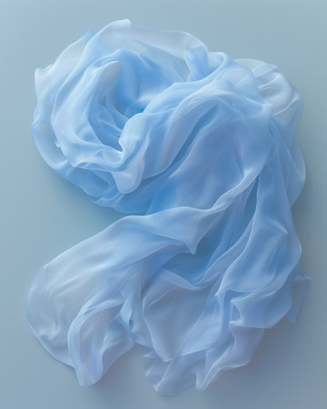 Soft, Delicate Light Blue Silk Fabric Drapery, Translucent Flowing Material with Soft Texture and Pale Blue Hues, Ideal for Elegant Fashion Design, Crafting, Home Decor, and Photography Props AI Generativeの素材