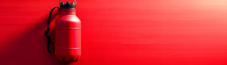 Bright Red Thermos Bottle Isolated Against a Modern Minimalist Red Background, Highlighting Its Sleek Design and Portable Convenience for Outdoor Activities, Travel, and Everyday Use AI Generativeの素材