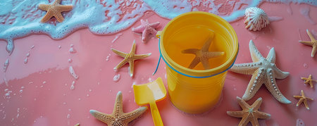 Vibrant Beach Scene with Starfish, Shovel, and Sand Bucket on Pink Sand and Ocean Waves at Shore AI Generativeの素材