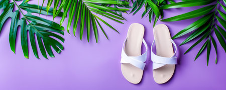 Summer Escape Relaxation with White Sandals and Tropical Palm Leaves on Vibrant Purple Background Perfect for Vacation Vibes and Summer Fashion AI Generativeの素材