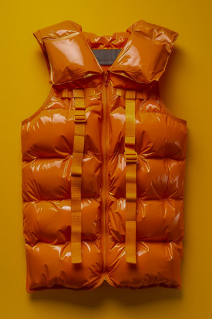 Vibrant Orange Puffer Vest with Straps for Ultimate Warmth and Style Fashionable, Reflective, Versatile and Durable Outerwear Ideal for Outdoor Activities, Hiking, and Winter Adventures AI Generativeの素材