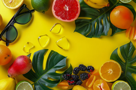 Vibrant Tropical Fruit and Sunglasses Flat Lay on Yellow Background Fresh Citrus, Berries, and Tropical Leaves Composition AI Generativeの素材
