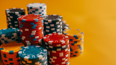 Colorful Poker Chips Stacked Against a Bright Yellow Background for Casino, Gambling, and Gaming Themes High Resolution Image for Use in Advertising, Designs, or Print Media AI Generativeの素材
