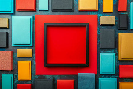 Colorful Geometric Abstract Art Composition with Red Central Square Frame and Various Rectangular Shapes in Flat Lay Arrangement on Blue Background AI Generativeの素材