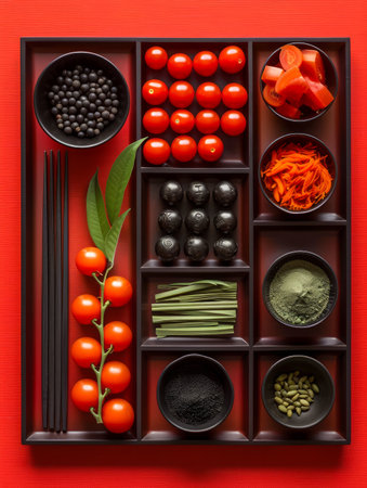 Vibrant Tray of Fresh Ingredients Black Olives, Cherry Tomatoes, Carrots, Berries and Green Powders on Red Background A Perfect Blend for Healthy Cooking and Creative Recipes AI Generativeの素材