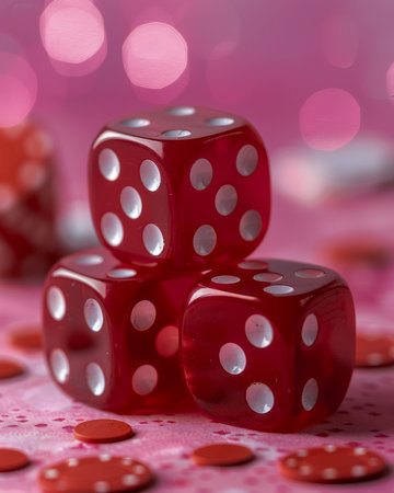 Vibrant Red Dice Set on Abstract Pink Background with Bokeh Effect for Gaming and Amusement Theme AI Generativeの素材