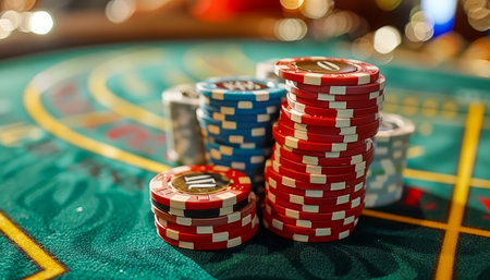 Vibrant Casino Poker Chips Stacked on a Green Felt Table High Stakes Gambling and Betting Visual AI Generativeの素材