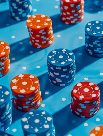 Vibrant Casino Poker Chips on Blue Background Red and Blue Game Piece Stacks for High Stakes Gambling Fun AI Generativeの素材