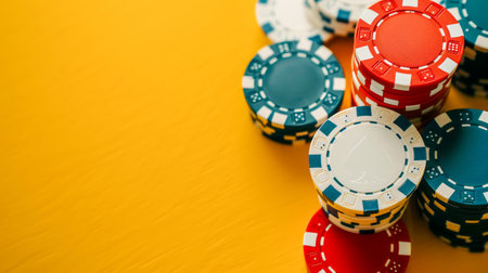 Colorful Poker Chips on Vibrant Yellow Background Casino Chips, Gambling, Poker Game Accessories for Casino Nights and Gambling Enthusiasts, Poker Chip Collection for Casino Decor and Gaming AI Generativeの素材