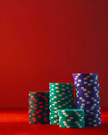 A Stack of Colorful Poker Chips Set Against a Vibrant Red Background in a Casino Setting AI Generativeの素材