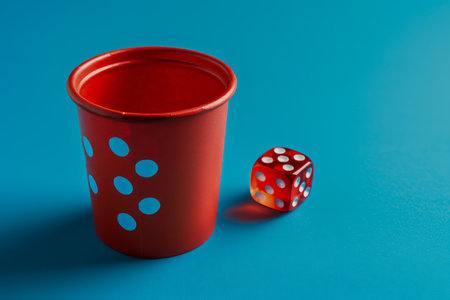 Red Dice and Red Cup with White Dots on Blue Background for Magic Tricks, Board Games, and Gambling Enthusiasts Enjoying Simple Yet Nostalgic Gaming Props and Accessories in Vibrant Contrasting Colors AI Generativeの素材