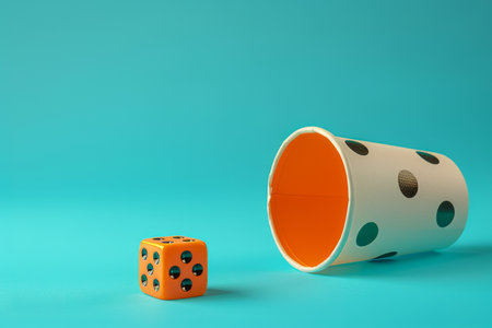 Colorful Dice and Polka Dot Cup on Vibrant Blue Background Playful Gaming Concept, Fun and Luck Symbol, Board Game Element, Bright Orange Die and White Cup, Strategic Game Night Image AI Generativeの素材