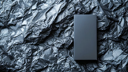 Sleek Black Smartphone on Crumpled Metallic Background Highlighting Modern Design, Minimalistic Style, and High End Technology, Embodying Futuristic Aesthetics in a Sophisticated, Contemporary Presentation AI Generativeの素材