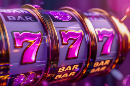 Exciting Close Up of a Jackpot Slot Machine with Triple Sevens and Bright Neon Lights in a Casino Setting for Gambling Enthusiasts AI Generativeの素材