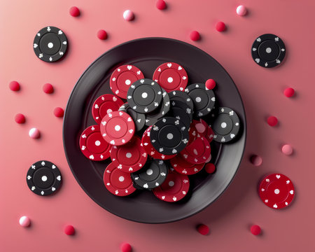 Aesthetic Arrangement of Red and Black Poker Chips with Pink and Red Candy Decorations on a Coral Background AI Generativeの素材
