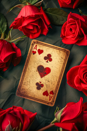 Vintage Ace of Hearts Playing Card Amidst Vibrant Red Roses on Dark Background Artistic and Romantic Display of Love and Luck AI Generativeの素材