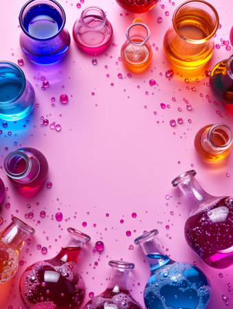 Vibrant Science Experiment Concept Colorful Beakers, Flasks, and Test Tubes Filled with Colored Liquids on Pink Background, STEM Education, Chemistry Lab Art, Inspirational Science Photography AI Generativeの素材