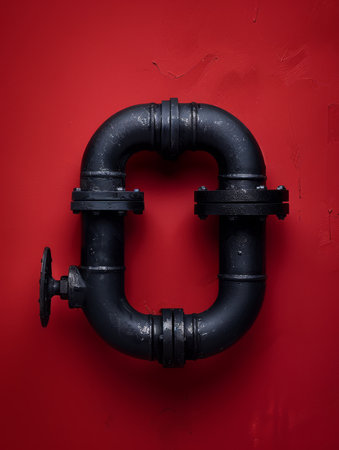 Industrial Black Metal Pipework Against Vibrant Red Background Bold and Striking Visual Contrast for Plumbing, Construction, and Industrial Design Concepts in High Resolution Photography AI Generativeの素材