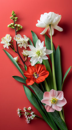 Stunning Floral Arrangement of Red, White, and Pink Flowers Against a Vibrant Red Background, Nature Inspired Home Decor, Photography Art for Living Rooms and Bedrooms, Perfect for Floral Enthusiasts AI Generativeの素材