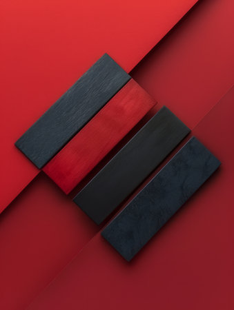 Minimalist Artistic Composition with Black and Red Wooden Rectangles on Red Background, Modern Abstract Art Print, Geometric Shapes and Patterns, Contemporary Design, Bold Color Contrast, Visual Balance AI Generativeの素材