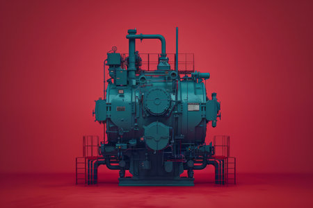 Industrial Machinery Against Red Background High Tech Mechanical Equipment Modern Heavy Equipment for Manufacturing and Engineering Detailed and Intricate Design Industrial Art and Aesthetics AI Generativeの素材