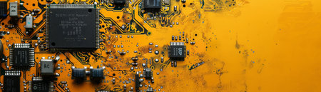 High Resolution Close Up of Electronic Circuit Board with Microchips and Components on Vibrant Yellow Background AI Generativeの素材