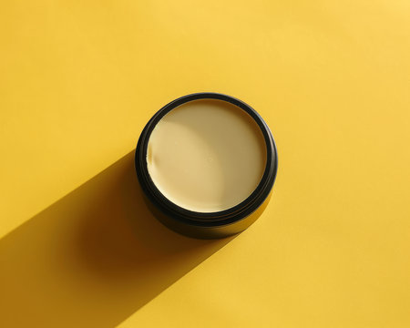 Minimalist Cosmetic Container on Bright Yellow Background Simple Beauty Product Photography AI Generativeの素材