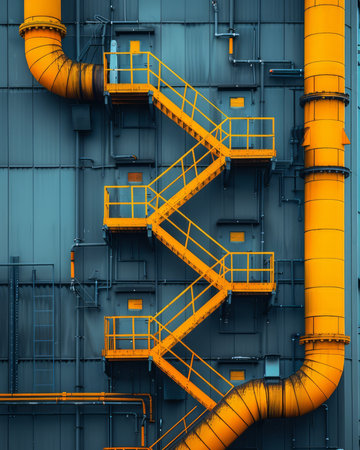 Industrial Urban Architecture Featuring Orange Staircase Against Gray Building with Bold Geometric Patterns and Contrasting Colors AI Generativeの素材