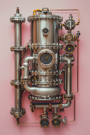 Steampunk Inspired Industrial Machinery on Pink Background with Intricate Metal Pipes and Gears for Engineering and Vintage Aesthetics AI Generativeの素材