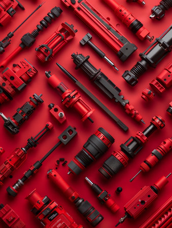 An assortment of red and black power tools and mechanical components arranged artistically against a red background, showcasing industrial equipment, parts, gears, and precision tools in a creative layout AI Generativeの素材