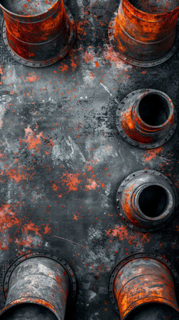 Aged Industrial Pipes with Rust and Patina on Metal Surface Captivating Texture and Pattern Photographed from Top View AI Generativeの素材