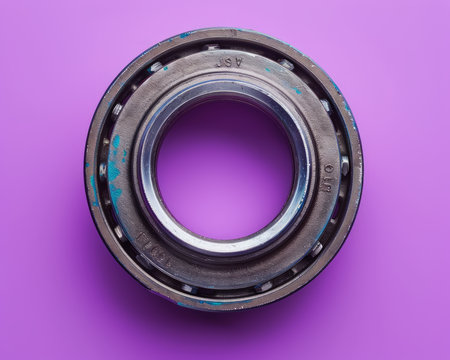 High Quality Industrial Bearing on Purple Background Cylindrical Metal Machinery Component Precision Engineering Equipment Rotational Bearing Part for Mechanical Systems AI Generativeの素材