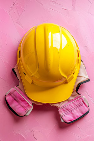 Bright Yellow Construction Safety Helmet and Pink Protective Safety Gear on Vibrant Pink Background Industrial Safety Equipment for Construction Workers and Builders AI Generativeの素材