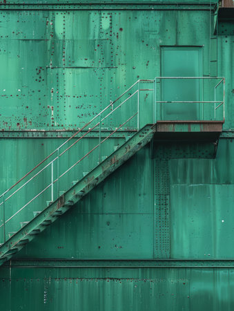Abandoned Industrial Metal Staircase Leading to Door on Rusty Green Building Wall with Peeling Paint Urban Decay Architecture in Gritty City Setting AI Generativeの素材